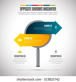 Vector illustration of opposite arrows magnifier infographic design element.