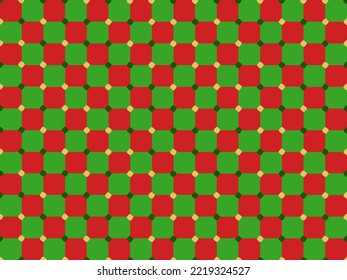 vector illustration optical illusion checkered vector abstract background, green and red pattern, chess board tiles with psychedelic volume, geometric checker op art.