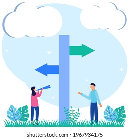 Vector illustration of an option as separate path decisions to select from 2 options. Confusion of business or life strategies and doubts of opportunity.Future direction struggle.