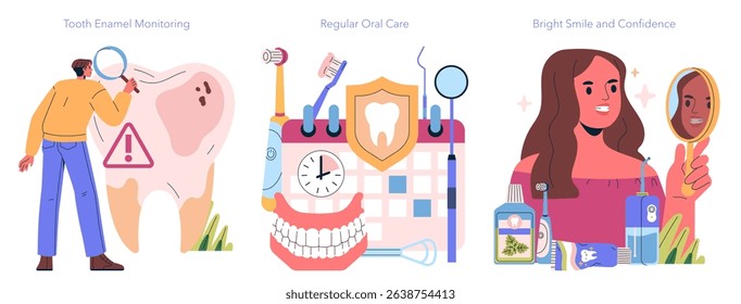 Vector illustration of oral health care illustrating tooth enamel monitoring, regular dental care, and confidence in a bright smile. Emphasizes the importance of dental hygiene.