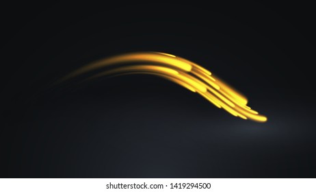 Vector illustration of orange abstract background with blurred magic neon light lines. Blurry highlights on a dark background. High-speed abstraction. Shining blue fine lines. Energy waves