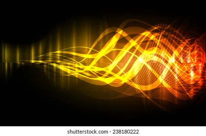 Vector illustration of orange abstract background with blurred magic neon light curved lines. wave. Technology background for computer graphic website internet. 
