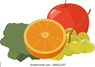 Vector illustration of an orange, apple, grapes, and broccoli.
