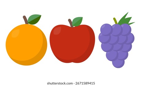 Vector illustration of orange, apple, and grapes in flat colorful style. Perfect for food icons, healthy lifestyle design, nutrition concept, kids learning, web, and app decoration.