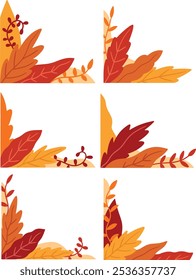 Vector Illustration of  Orange Autumn Leaves Corner Border Element Set