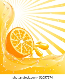 vector illustration of an orange background with a sun, drops, bubbles, waves