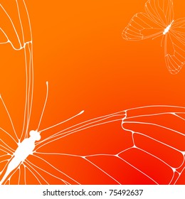 Vector illustration of orange background with white contours of the two butterflies