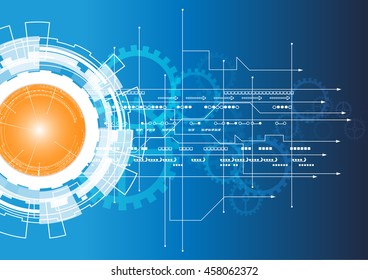 Vector illustration orange ball of energy on white gear wheel circuit board, Hi-tech digital . 