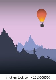 vector illustration of an orange balloon flying over mountains in the evening sky