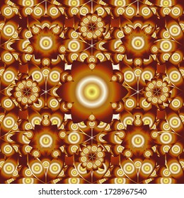Vector illustration. Orange, beige and brown shiny ornament, damask seamless pattern, abstract shapes.
