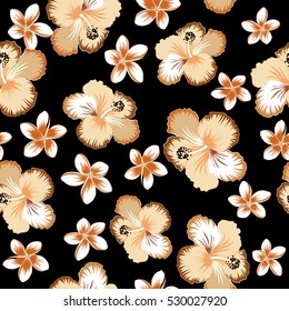 Vector illustration in orange, beige and brown colors on a black background. Tropical flower, hibiscus pattern.