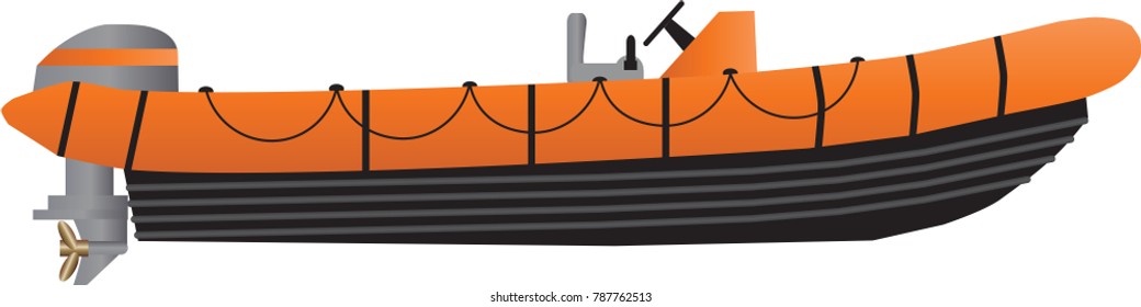 A Vector Illustration of an Orange and Black High Speed inflatable inshore rescue boat isolated on white