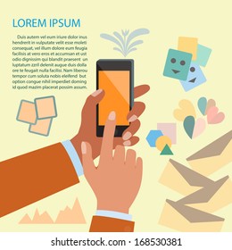 Vector illustration of orange black smart phone in hand with decorated icons.