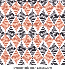 Vector illustration of orange, black and white warped rhombuses and circles in checkered geometric layout. Seamless repeat pattern for gift wrap, textile, fabric, scrapbooking and fashion.