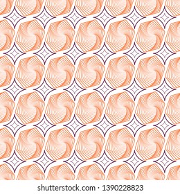 Vector illustration of orange, black and white warped rhombuses and hexagons in checkered geometric layout. Seamless repeat pattern for gift wrap, textile, fabric, scrapbooking and fashion.