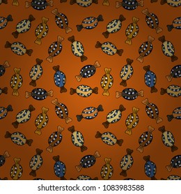 Vector illustration. Orange, black, yellow, brown and blue version. Isolated. Cute and colorful candy sweet seamless pattern on orange, black, yellow, brown and blue background.