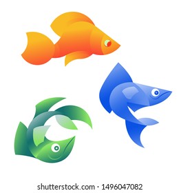 Vector illustration of orange, blue and green fish on white background. It can be used for the logo, icon, decoration for brochure, print on clothes, cover, card. Seafood business concept. Fresh fish.