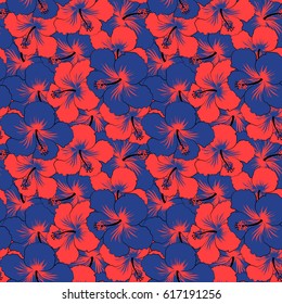 Vector illustration. Orange and blue hibiscus seamless pattern. Vector seamless pattern with tropical flowers in watercolor style.