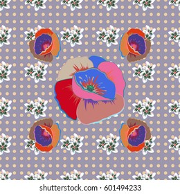 Vector illustration of orange, blue and pink flowers. Seamless pattern with flowers on motley background.