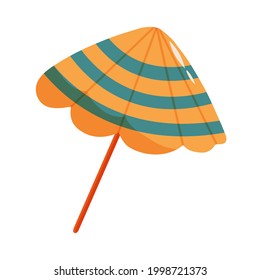 Vector illustration of orange and blue umbrella for beach in cartoon flat style. Summer vacation, beach equipment in retro style