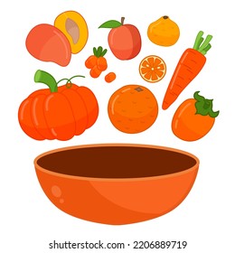 Vector illustration of a orange bowl. Cartoon orange vegetables and fruits.
