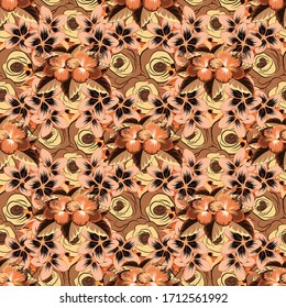 Vector illustration. Orange, brown and beige hibiscus flowers seamless pattern.