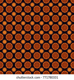 Vector illustration. Vector orange, brown and black simple mandala optical illusion, psychedelic trippy abstract seamless pattern texture.