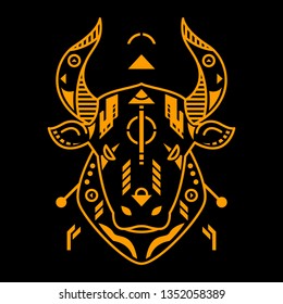 Vector Illustration. Orange Bull Head in Black Background. Unique Lineart Style