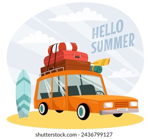 Vector illustration of an orange car with leisure items. Concept for travel, outdoor recreation, camping, hiking. Image for children, advertising, for books.