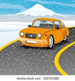 Vector illustration. Orange car on the road. 