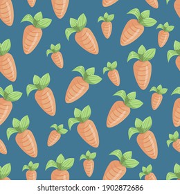 Vector illustration of orange carrots on a blue background. Vegetable decoration. Рattern for fabric Template for Design, Graphics, Postcards, Web. Vegetarian ornament in cartoon style.