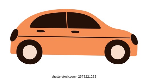 Vector illustration of orange cartoon car. Simple and minimal flat design, cute and playful doodle style. Suitable for kids, transportation themes, stickers, automobile icons, isolated colored clipart