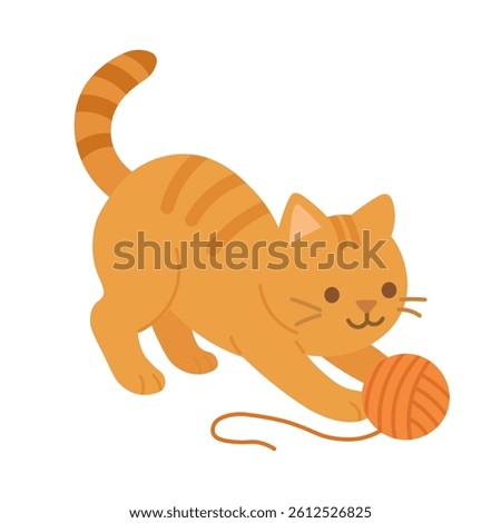 Vector illustration of an orange cartoon cat playing with yarn ball in funny active pose.
