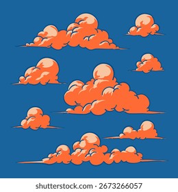 Vector illustration of orange cartoon clouds on blue sky