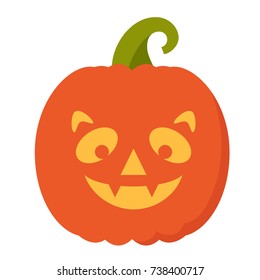 Vector illustration: orange cartoon flat carved pumpkin icon with smiling face, side view for your Halloween design isolated on white background