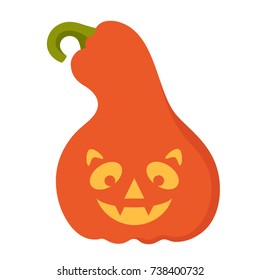 Vector illustration: orange cartoon flat carved pumpkin icon with smiling face, side view for your Halloween design isolated on white background