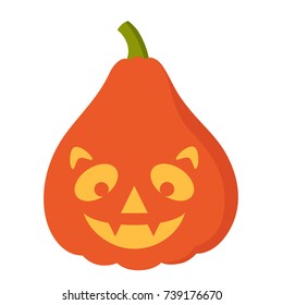 Vector illustration: orange cartoon flat carved pumpkin icon with smiling face, side view for your Halloween design isolated on white background