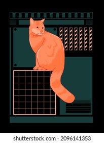 vector illustration, orange cat, animal, on a modern geometric background, for t-shirt, clothing and merchandise design