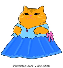 Vector illustration of a orange cat in a blue dress, cat mama.