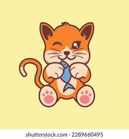 Ilustración vectorial de un gato anaranjado comiendo pescado para cualquier propósito comercial