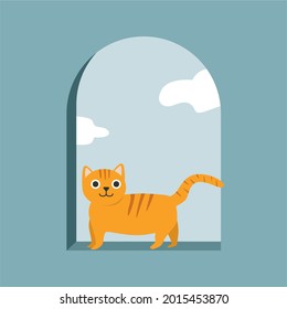 vector illustration of orange cat hang out at the window perfect for wall decort and printing