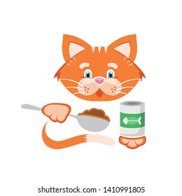Vector illustration. Orange cat holds in its paws a jar of food and a spoon. Cartoon character for printing goods for veterinary medicine, shop, pet food, advertising logo concept.
