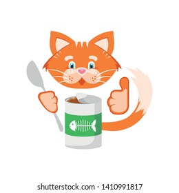 Vector illustration. Orange cat holds in its paws a jar of food and a spoon. Cartoon character for printing goods for veterinary medicine, shop, pet food, advertising logo concept.
