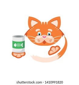 Vector illustration. Orange cat holds in its paws a jar of food. Cartoon character for printing goods for veterinary medicine, shop, pet food, advertising logo concept.