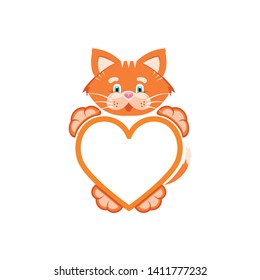 Vector illustration. Orange cat holds a heart-shaped frame in its paws. Cartoon character for printing goods for pet store, signboard, pet food, concept of advertising logo.