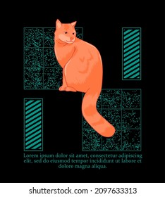 Vector illustration of an orange cat. Perfect geometry background, text writing template. Use for printing, posters, T-shirts with textiles.