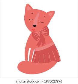 Vector illustration with an orange cat in a skirt and a bow. A cat in a cartoon style.