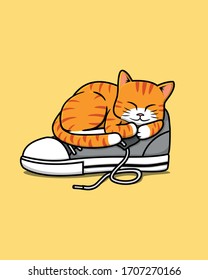 Vektorillustration Illustration von orangefarbenen Katzenschlafen auf grauem Sneaker-Schuh