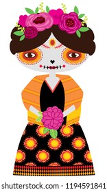 Vector illustration of orange catrina doll on a white background. Celebrating the day of the dead and Halloween. Use in scrapbooking, crafts, fabric, wallpaper