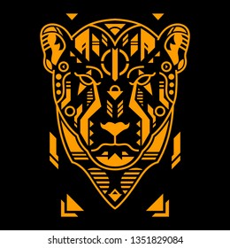 Vector Illustration. Orange Cheetah Head in Black Background. Unique Lineart Style